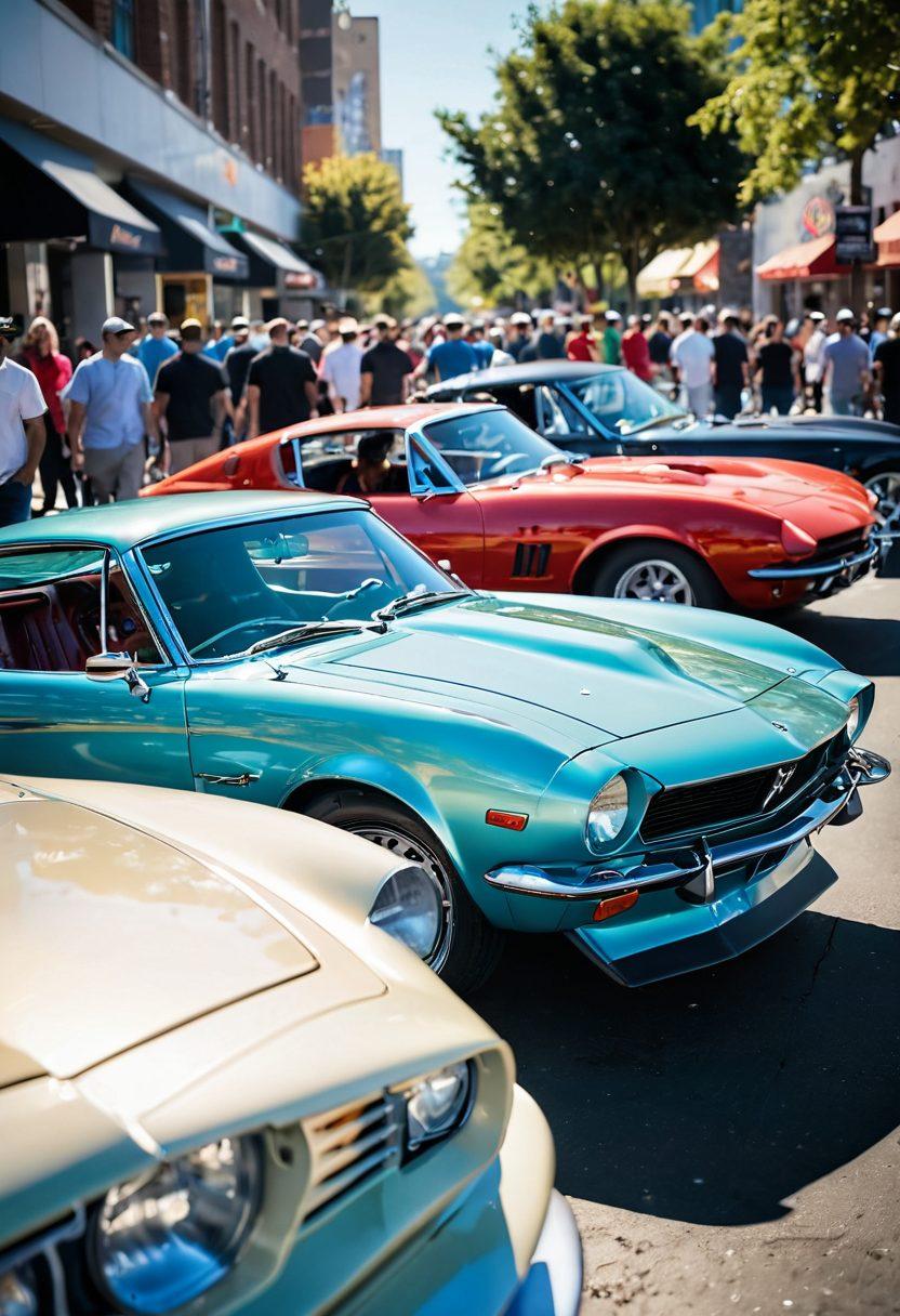 A vibrant scene of a diverse group of car enthusiasts passionately discussing sleek sports cars and vintage models at a bustling car meet. The setting includes colorful banners, shiny chrome wheels reflecting sunlight, and dynamic poses that convey excitement and camaraderie. Capture the essence of speed and passion in the air, with trees and cityscape in the background. dynamic angles. pastel colors. super-realistic.