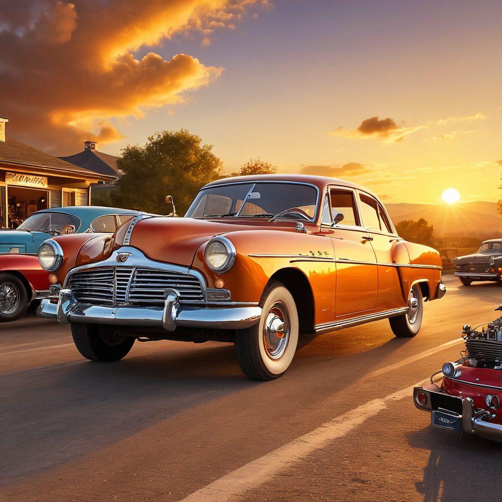 A dynamic scene of a vintage car lovingly restored, shining under a golden sunset, with a passionate car enthusiast admiring it, surrounded by automotive tools and memorabilia. The background features a scenic open road stretching into the horizon. The image captures the deep bond between cars and their owners through expressive gestures and warm lighting. super-realistic. vibrant colors.
